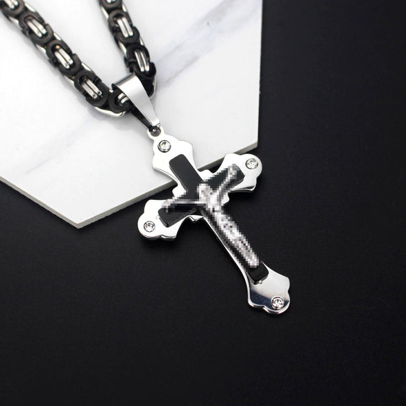 Wholesale Unisex Geometric Titanium Steel Cross Pendant Necklace With Cuban Chain And Polish Finish