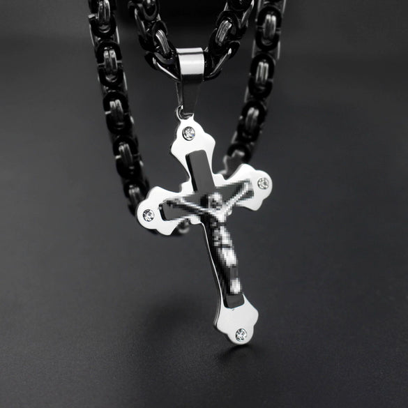 Wholesale Unisex Geometric Titanium Steel Cross Pendant Necklace With Cuban Chain And Polish Finish