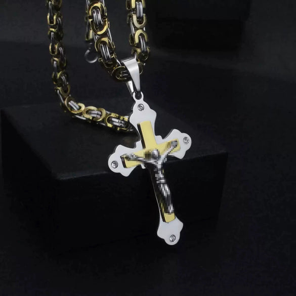 Wholesale Unisex Geometric Titanium Steel Cross Pendant Necklace With Cuban Chain And Polish Finish