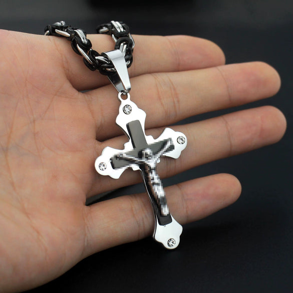 Wholesale Unisex Geometric Titanium Steel Cross Pendant Necklace With Cuban Chain And Polish Finish