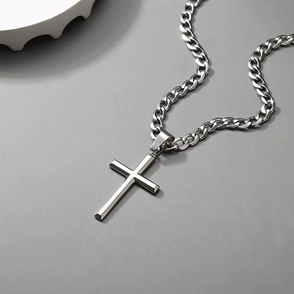 Wholesale Unisex Geometric Titanium Steel Cross Pendant Necklace With Polish Finish And Cuban Chain