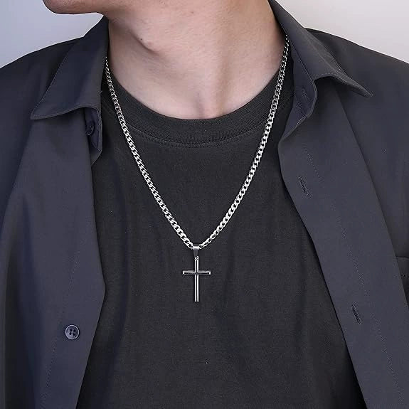 Wholesale Unisex Geometric Titanium Steel Cross Pendant Necklace With Polish Finish And Cuban Chain