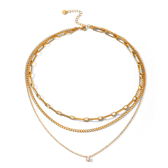 Wholesale Unisex Geometric Titanium Steel Zircon Gold Plated Threelayer Stacking Necklace