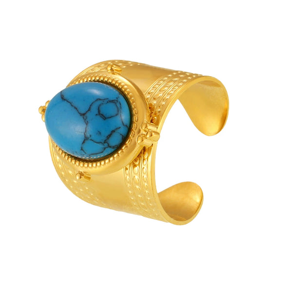 Wholesale Unisex Geometric Turquoise Stainless Steel Gold Plated Ferris Wheel Open Ring Niche Vintage Jewelry