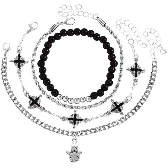 Wholesale Unisex Gold Plated Geometric Iron Retro Cross Multilayered Beaded Bracelet Hiphop Punk Style Jewelry Accessories