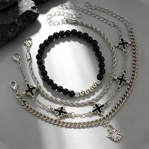 Wholesale Unisex Gold Plated Geometric Iron Retro Cross Multilayered Beaded Bracelet Hiphop Punk Style Jewelry Accessories