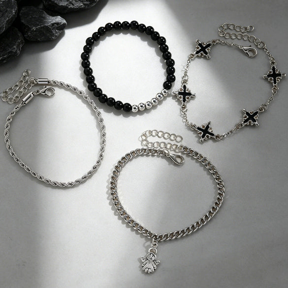 Wholesale Unisex Gold Plated Geometric Iron Retro Cross Multilayered Beaded Bracelet Hiphop Punk Style Jewelry Accessories