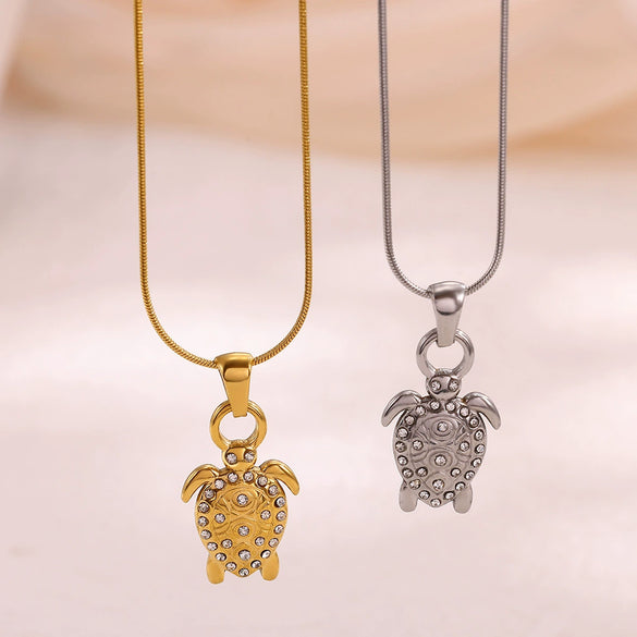 Wholesale Unisex Gold Plated Stainless Steel Rope Chain Necklace With Diamond Turtle Pendant Marine Series High End Jewelry