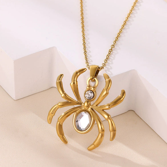 Wholesale Unisex Gothic Medieval Style Gold Plated Stainless Steel Animal Zodiac Spider Pendant Necklace With Cross Chain