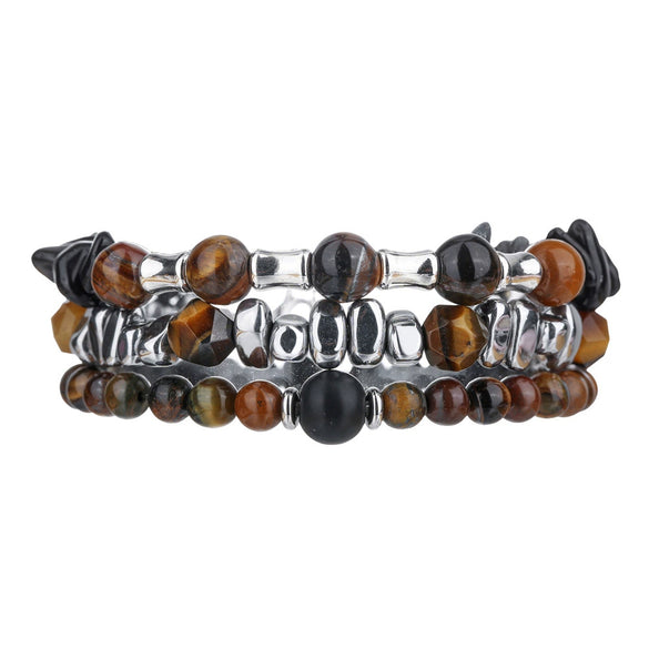 Wholesale Unisex Handmade Geometric Elastic Beaded Bracelet With Tiger Eye Stone Black Gallstone Alloy Stainless Steel
