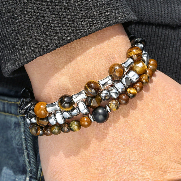 Wholesale Unisex Handmade Geometric Elastic Beaded Bracelet With Tiger Eye Stone Black Gallstone Alloy Stainless Steel
