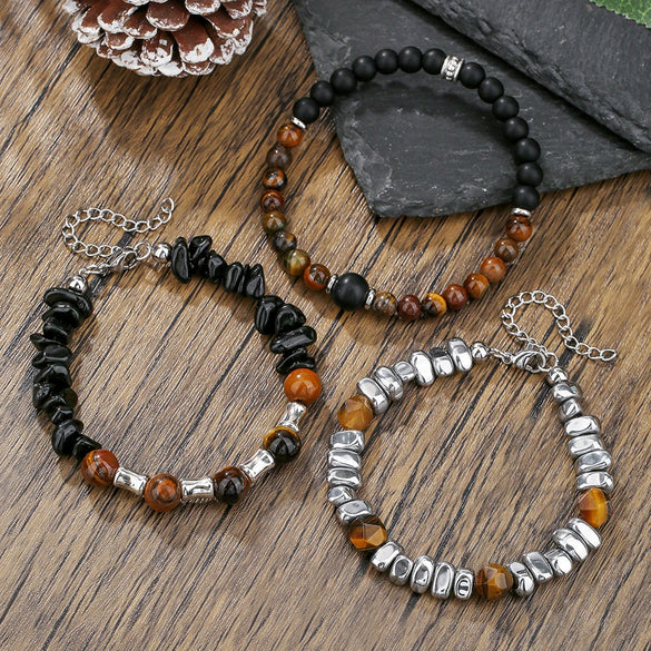 Wholesale Unisex Handmade Geometric Elastic Beaded Bracelet With Tiger Eye Stone Black Gallstone Alloy Stainless Steel