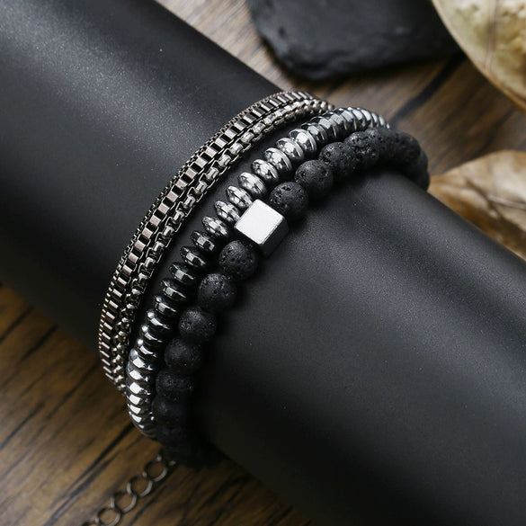 Wholesale Unisex Handmade Geometric Elastic Beaded Bracelet With Tiger Eye Stone Black Gallstone Alloy Stainless Steel