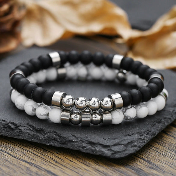 Wholesale Unisex Handmade Geometric Elastic Beaded Bracelet With Tiger Eye Stone Black Gallstone Alloy Stainless Steel