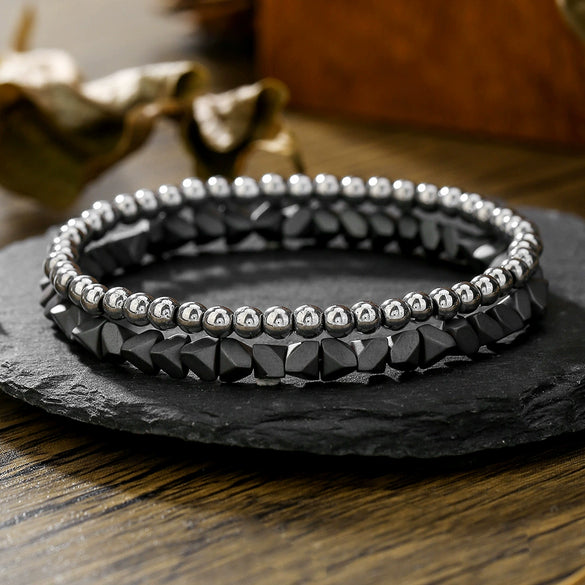 Wholesale Unisex Handmade Geometric Elastic Beaded Bracelet With Tiger Eye Stone Black Gallstone Alloy Stainless Steel
