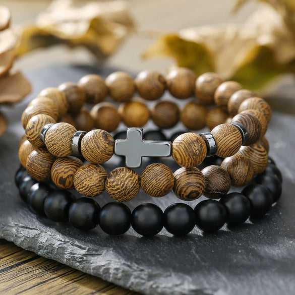 Wholesale Unisex Handmade Geometric Elastic Beaded Bracelet With Tiger Eye Stone Black Gallstone Alloy Stainless Steel