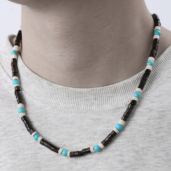 Wholesale Unisex Handmade Natural Turquoise Coconut Shell And Wood Beads Geometric Style O Chain Necklace