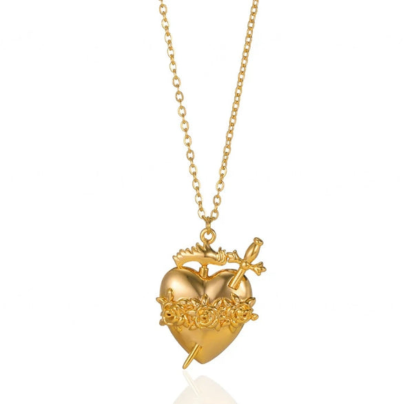 Wholesale Unisex Heartshaped Stainless Steel 18K Gold Plated Cross Chain Pendant Necklace