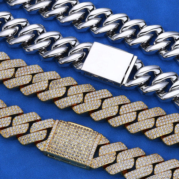 Wholesale Unisex Hip Hop Style Copper Cuban Chain Bracelet And Necklace With Three Rows Of Zircon And Flip Buckle