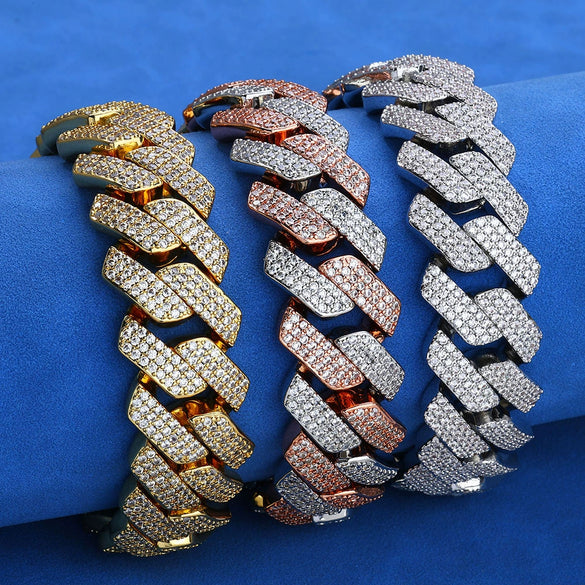 Wholesale Unisex Hip Hop Style Copper Cuban Chain Bracelet And Necklace With Three Rows Of Zircon And Flip Buckle
