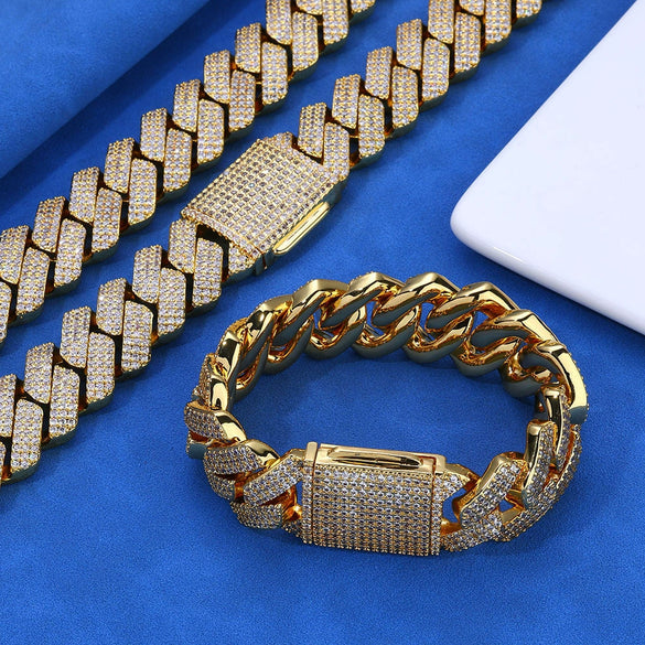 Wholesale Unisex Hip Hop Style Copper Cuban Chain Bracelet And Necklace With Three Rows Of Zircon And Flip Buckle