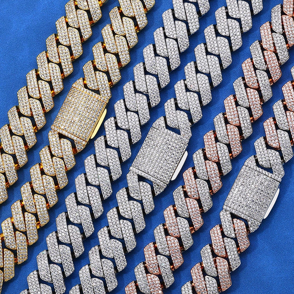 Wholesale Unisex Hip Hop Style Copper Cuban Chain Bracelet And Necklace With Three Rows Of Zircon And Flip Buckle