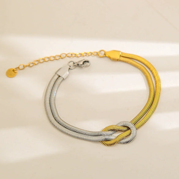 Wholesale Unisex Ins Style Geometric Stainless Steel Handmade Knotted Snake Chain Herringbone Real Gold Plated Bracelet Necklace Ring