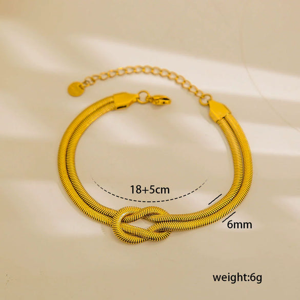 Wholesale Unisex Ins Style Geometric Stainless Steel Handmade Knotted Snake Chain Herringbone Real Gold Plated Bracelet Necklace Ring