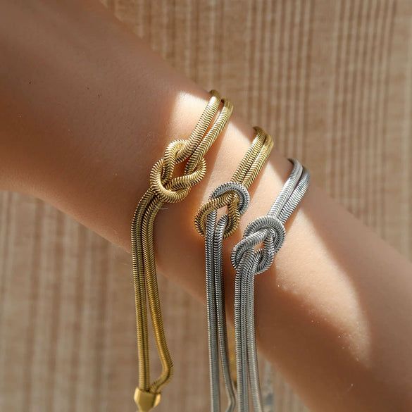 Wholesale Unisex Ins Style Geometric Stainless Steel Handmade Knotted Snake Chain Herringbone Real Gold Plated Bracelet Necklace Ring