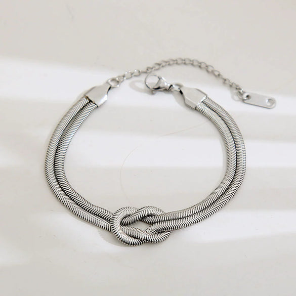 Wholesale Unisex Ins Style Geometric Stainless Steel Handmade Knotted Snake Chain Herringbone Real Gold Plated Bracelet Necklace Ring