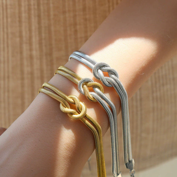Wholesale Unisex Ins Style Geometric Stainless Steel Handmade Knotted Snake Chain Herringbone Real Gold Plated Bracelet Necklace Ring