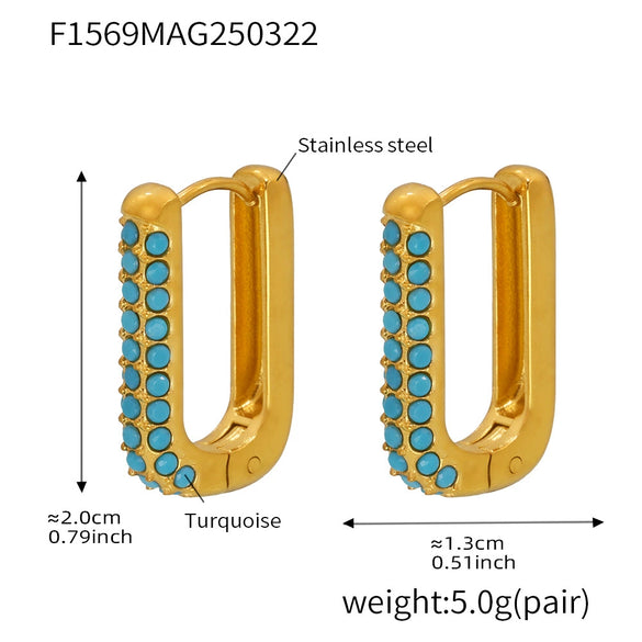 Wholesale Unisex Ins Style Geometric Titanium Steel Zircon Blue Turquoise 18K Gold Plated Earrings