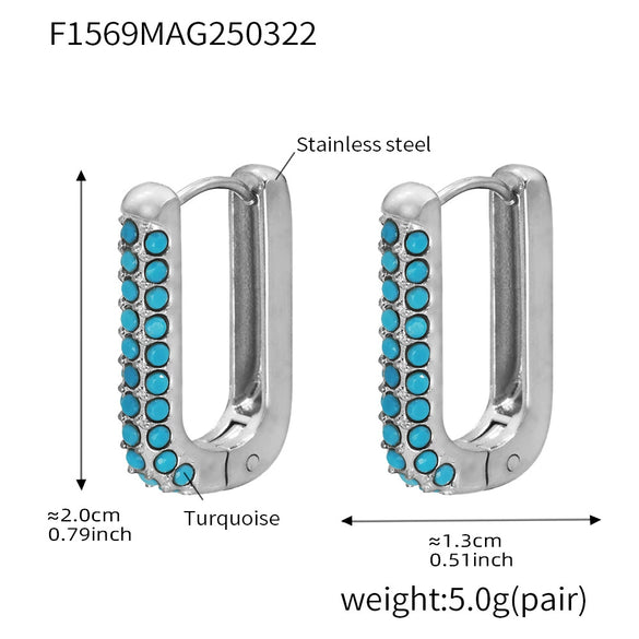 Wholesale Unisex Ins Style Geometric Titanium Steel Zircon Blue Turquoise 18K Gold Plated Earrings