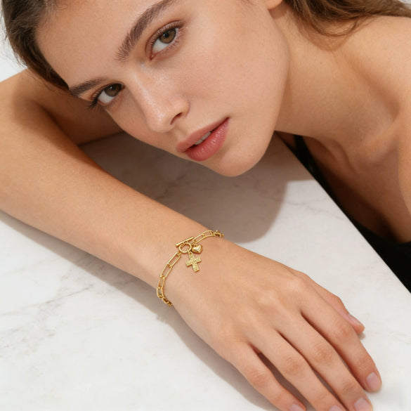 Wholesale Unisex Ins Style Real Gold Plated Copper Cross Heart Paperclip Chain Bracelet
