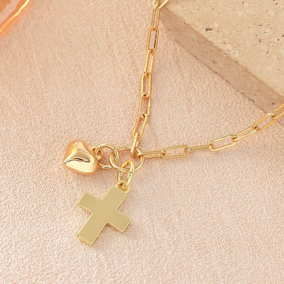 Wholesale Unisex Ins Style Real Gold Plated Copper Cross Heart Paperclip Chain Bracelet