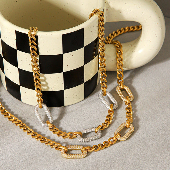 Wholesale Unisex Ins Style Stainless Steel Geometric Pattern Necklace With Diamonds And Zircons Electroplated Cuban Link Chain