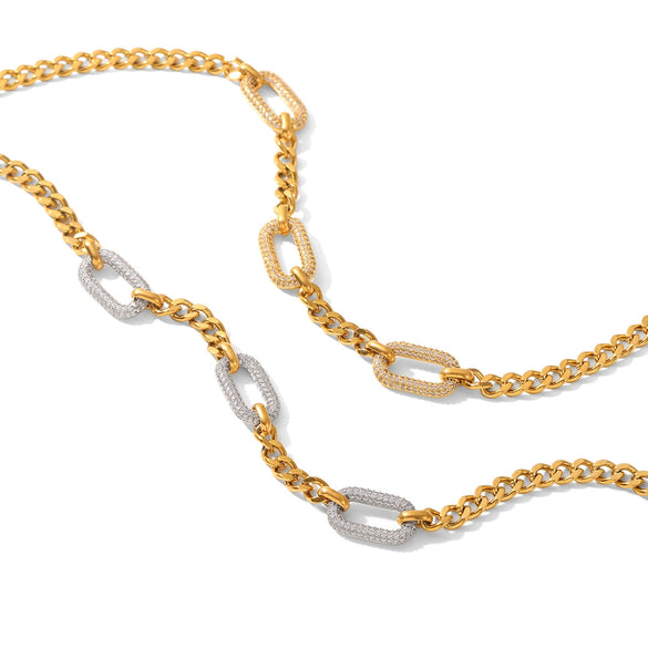 Wholesale Unisex Ins Style Stainless Steel Geometric Pattern Necklace With Diamonds And Zircons Electroplated Cuban Link Chain