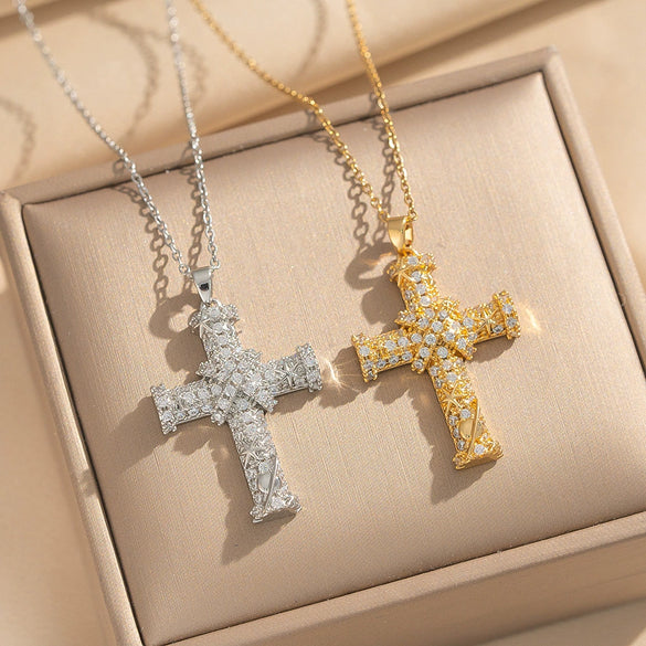 Wholesale Unisex Light Luxury Geometric Gold Plated Copper Zircon Cross Pendant Necklace With O Word Chain