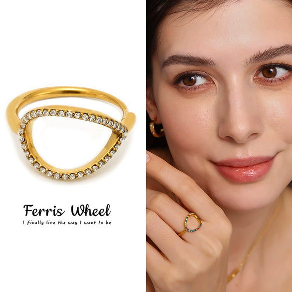 Wholesale Unisex Light Luxury Geometric Titanium Steel Electroplated Cnc Inlaid Zircon Ferris Wheel Water Drop Adjustable Side Opening Ring