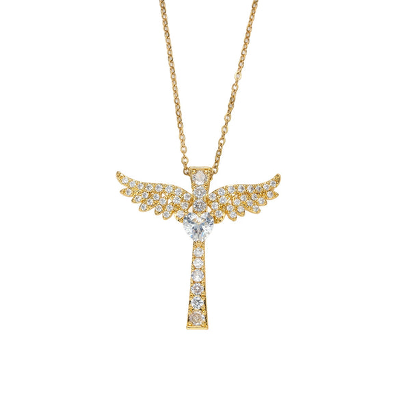 Wholesale Unisex Light Luxury Gold Plated Copper And Zircon Cross Necklace With O Word Chain