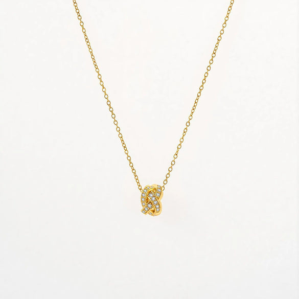 Wholesale Unisex Light Luxury Round Copper Zircon Real Gold Plated Cross Chain Pendant Necklace With Intertwined Love Knot Design