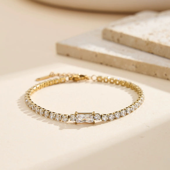 Wholesale Unisex Minimalist Highend Tennis Bracelet With Full Diamond Zirconia Stainless Steel Real Gold Plated Geometric Design