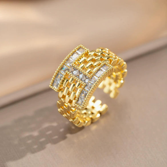 Wholesale Unisex Modern Minimalist Geometric Copper Zircon H Letter Diamondencrusted Open Ring With Polished Plating