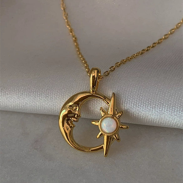 Wholesale Unisex Mori Style Geometric Hollow Star Moon Opal Inlaid Copper Electroplated Pendant Necklace With Ochain