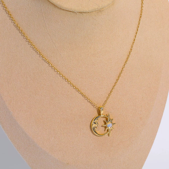 Wholesale Unisex Mori Style Geometric Hollow Star Moon Opal Inlaid Copper Electroplated Pendant Necklace With Ochain