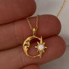 Wholesale Unisex Mori Style Geometric Hollow Star Moon Opal Inlaid Copper Electroplated Pendant Necklace With Ochain