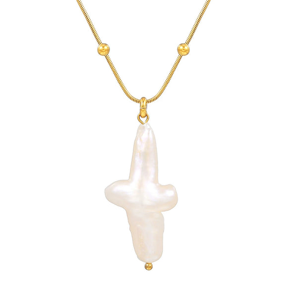 Wholesale Unisex Natural Freshwater Baroque Pearl Alien Shape Cross Pendant Titanium Steel Jewelry