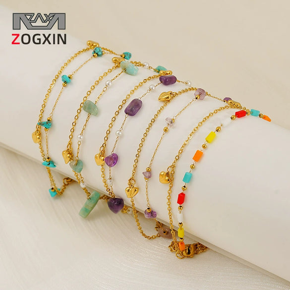 Wholesale Unisex Natural Stone And 316L Stainless Steel Heart Pattern Electroplated Bracelet