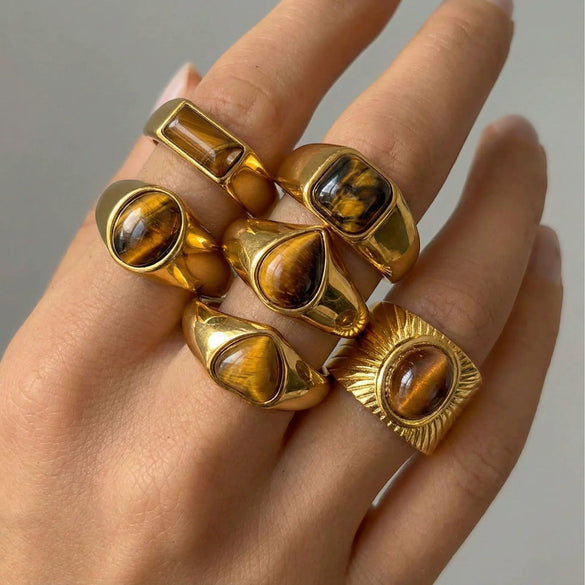 Wholesale Unisex Natural Stone Geometric Stainless Steel Electroplated Rings Vintage Light Luxury Mid Century Style