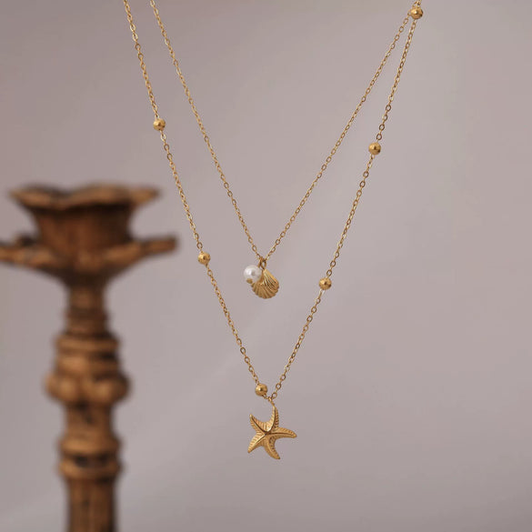 Wholesale Unisex Natural Style Double Layer Starfish Shell Clavicle Chain Stacked Necklace Titanium Steel 18K Gold Vacuum Plated